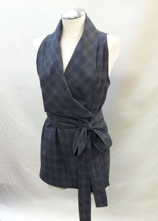 Vogue 8926 made with gray plaid wool-blend suiting from Mood Fabrics.