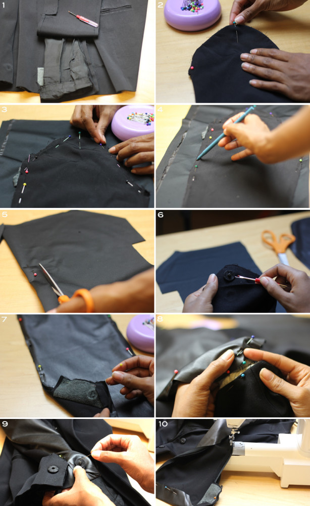 Repurposed blazer made chic using faux leather from Mood Fabrics to make sleeves.