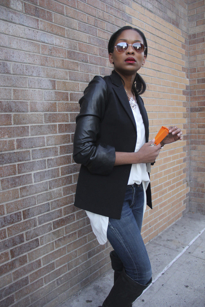 Repurposed blazer made chic using faux leather from Mood Fabrics to make sleeves.