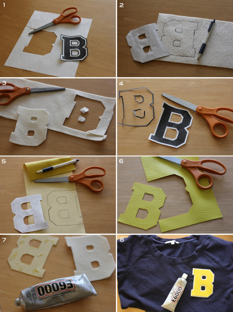 Varsity letter made with wool and faux leather from Mood Fabrics.