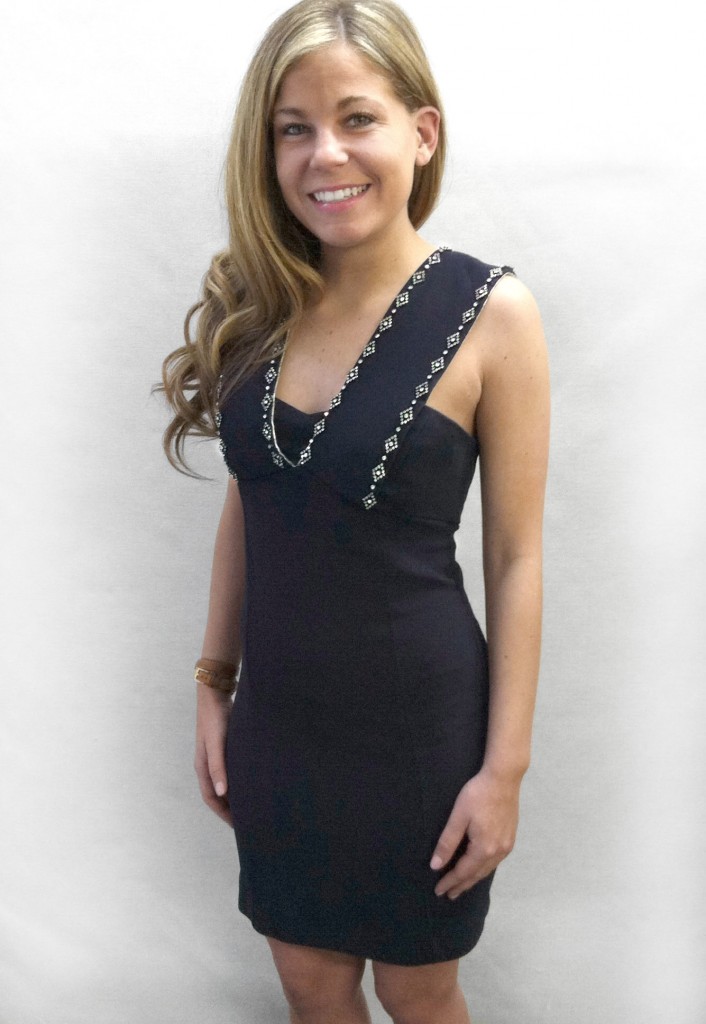 By Hand London Georgia dress pattern made with stretch viscose and rhinestone trim from Mood Fabrics.