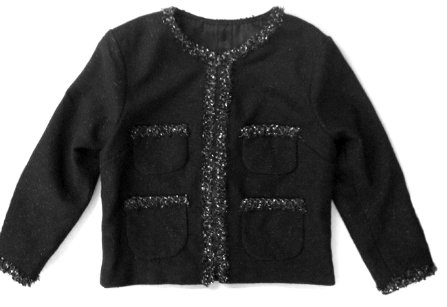 Chanel-style boxy jacket made from Mood Fabrics' Italian metallic tweed, with metallic fringe, also from Mood.