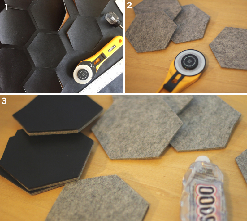 The first three steps to make leather and felt coasters are displayed. The first image shows an awl and rotary cutter used to trace and cut the leather for the coaster. The second image features the rotary cutter cutting the felt to match the leather. The third image displays the felt and leather pieces glued together using E6000 adhesive.