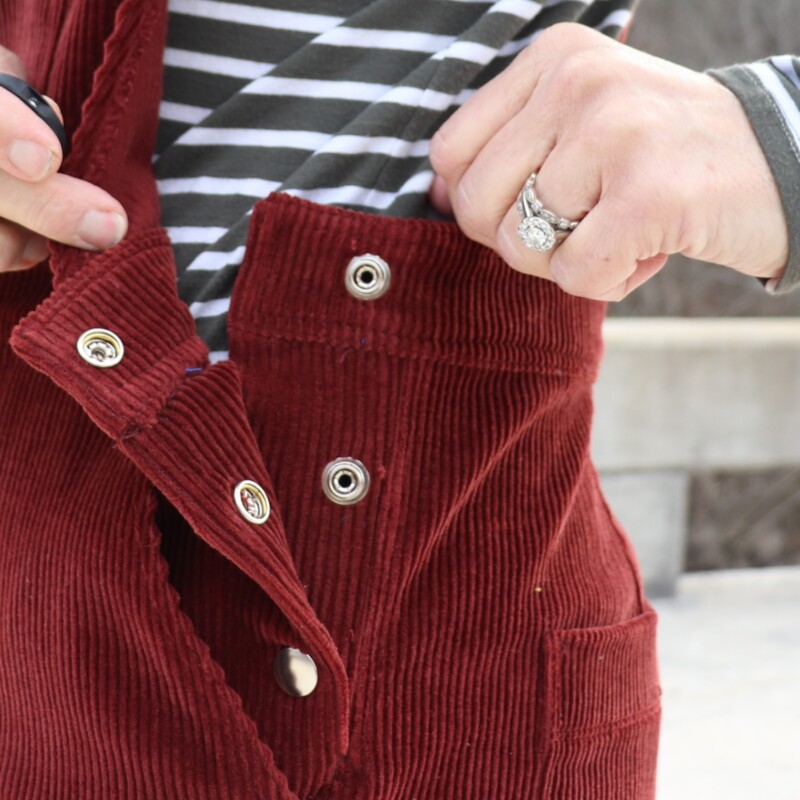 side snap on corduroy bib