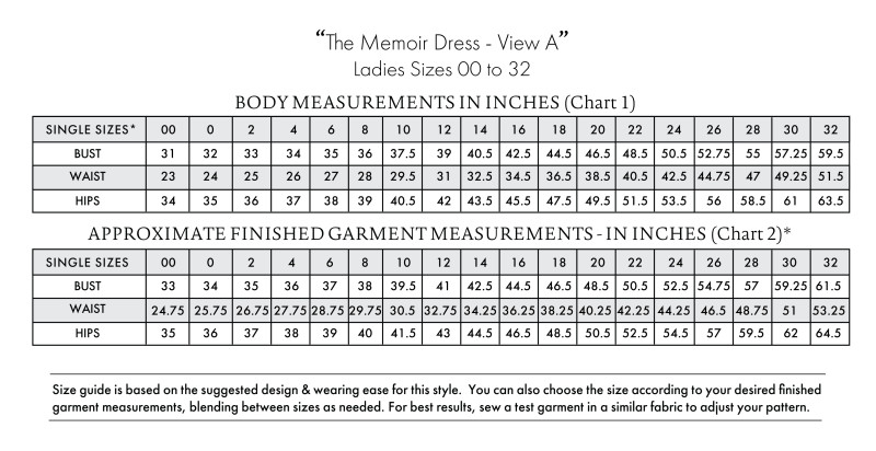 The Memoir Dress - View A Size Chart
