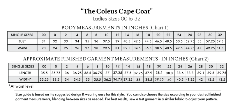 MDF360 The Coleus Cape Coat Size Chart