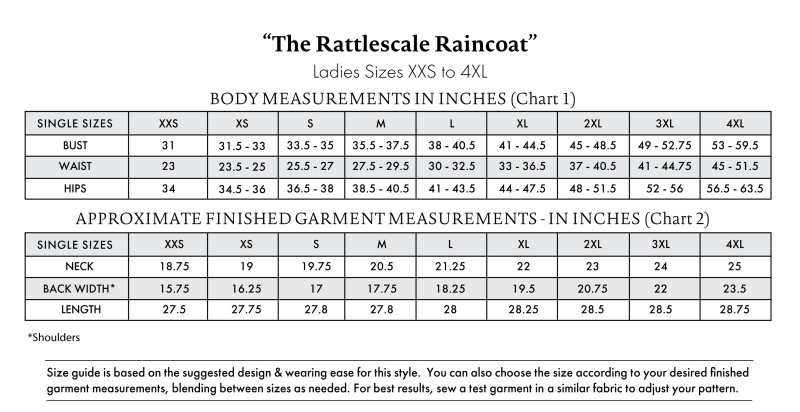 MDF367 The Rattlescale Raincoat Size Chart