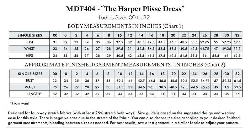 MDF404 - The Harper Plisse Dress Size Charts