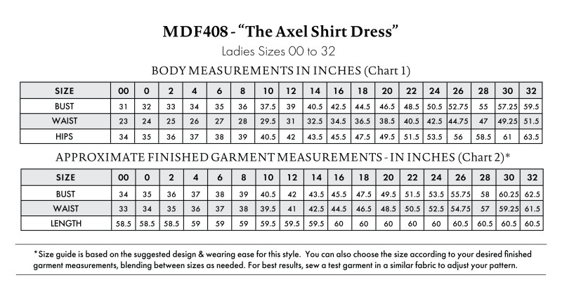 MDF408 - The Axel Shirt Dress Size Charts