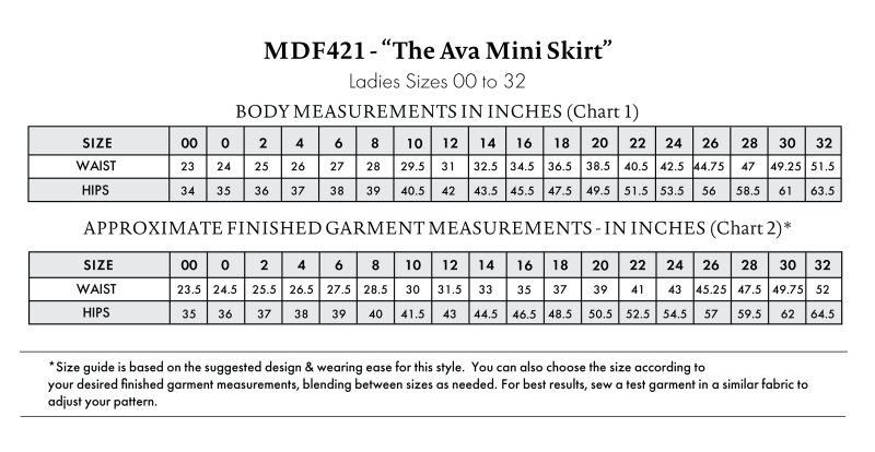 Ava Mini Skirt Free Sewing Pattern Size Chart - Mood Fabrics. Body Measurements in inches and approximate finished garment measurements in inches.