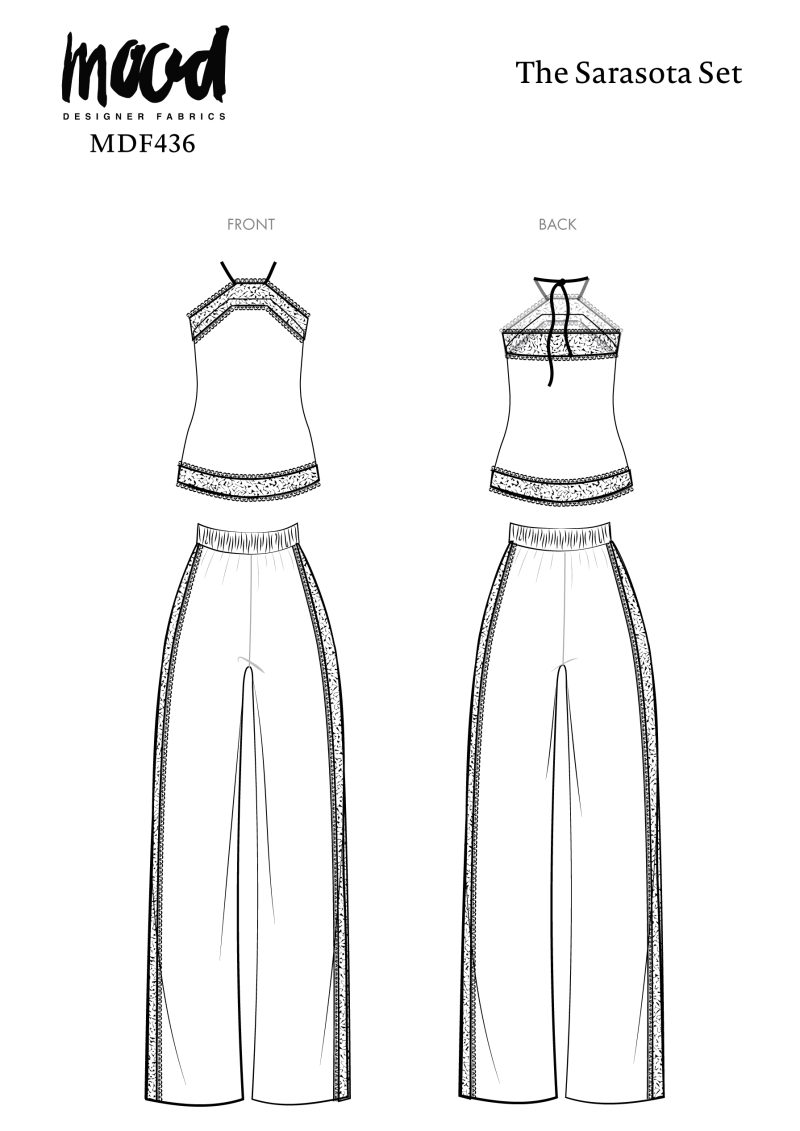 Front and back technical drawings of the Sarasota Set free sewing pattern