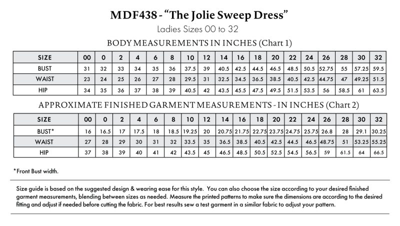 The Jolie Sweep Dress size guide is based on the suggested design & wearing ease for this style. You can choose the size according to your desired finished garment measurements, blending between sizes as needed. Measure the printed patterns to make sure the dimensions are according to the desired fitting and adjust—if needed—before cutting the fabric. For best results, sew a test garment in a similar fabric to adjust your pattern.