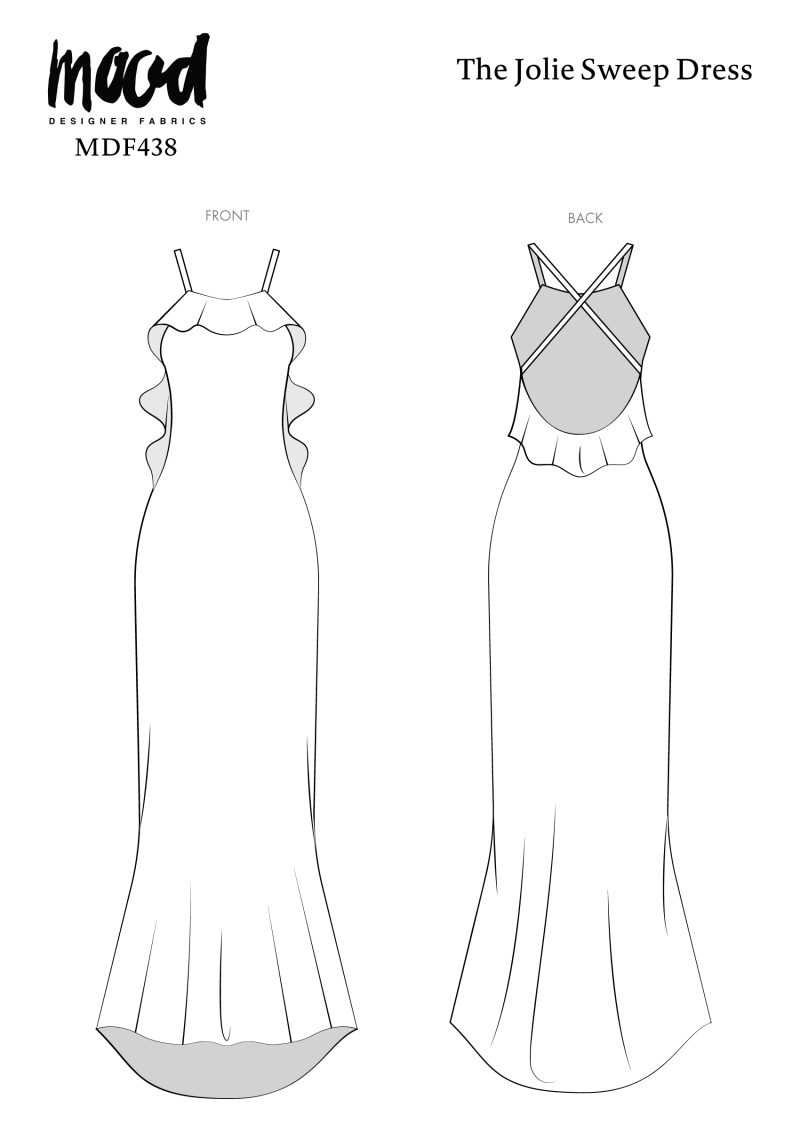 Technical drawing of sweep dress with ruffle and adjustable spaghetti straps