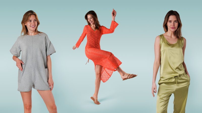 Series of model photos wearing different garments such as beach romper, beach cover up, and silk tank top set from mood sewciety blog free sewing patterns
