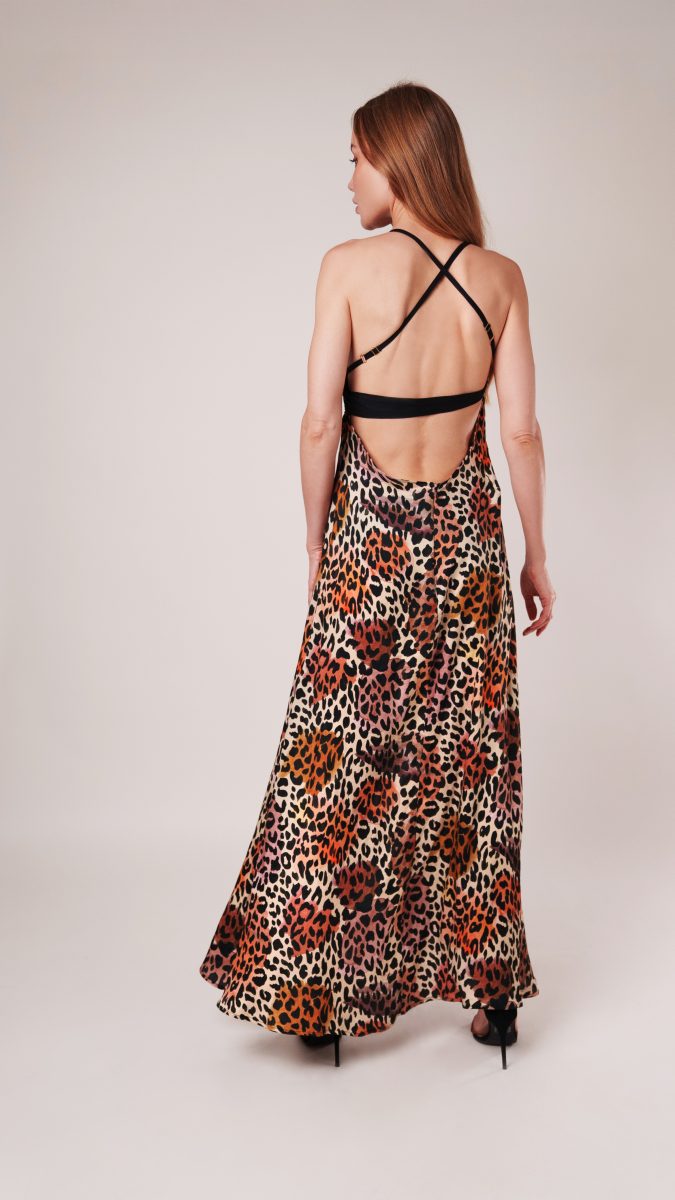Leopard Spots Print - Rayon Challis Fashion Fabric - Tropea High Slit Slip Dress Model Photo - Back View