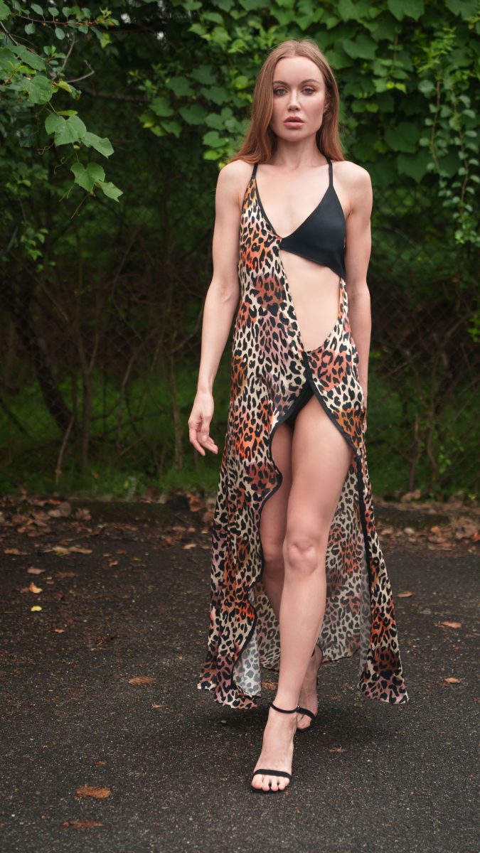 Leopard Spots Print - Rayon Challis Fashion Fabric - Tropea High Slit Slip Dress Model Photo - Outdoor Resort View