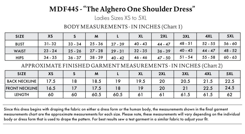 Size charts for the Alghero One Shoulder Dress free sewing pattern