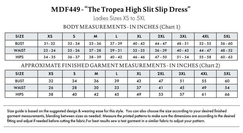 Size Charts and Sizing Guide for sewing the Tropea High Slit Slip Dress free sewing pattern free download from Mood Fabrics Sewciety Blog. The Tropea High Slit Slip Dress Sizing Guide is based on the suggested design & wearing ease for this style. You can also choose the size according to your desired finished garment measurements, blending between sizes as needed. Measure the printed patterns to make sure the dimensions are according to the desired fitting and adjust if needed before cutting the fabric. For best results, sew a test garment in a similar fabric to adjust your pattern.