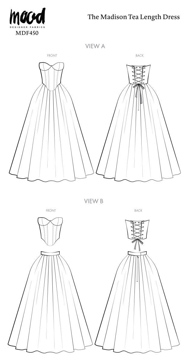 Technical flat line drawings for Madison Tea Length Dress free sewing pattern download from Mood Fabrics Sewciety Blog.