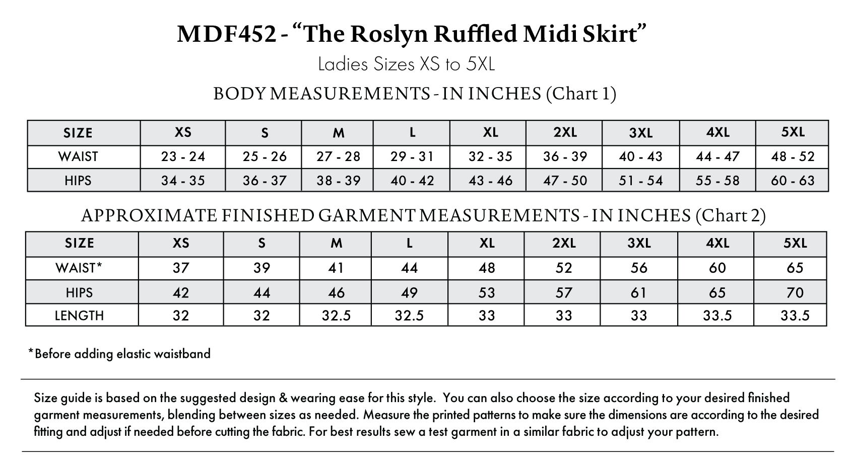 The Roslyn Ruffled Midi Skirt Sizing Guide is based on the suggested design & wearing ease for this style. You can also choose the size according to your desired finished garment measurements, blending between sizes as needed. Measure the printed patterns to make sure the dimensions are according to the desired fitting and adjust if needed before cutting the fabric. For best results, sew a test garment in a similar fabric to adjust your pattern.
