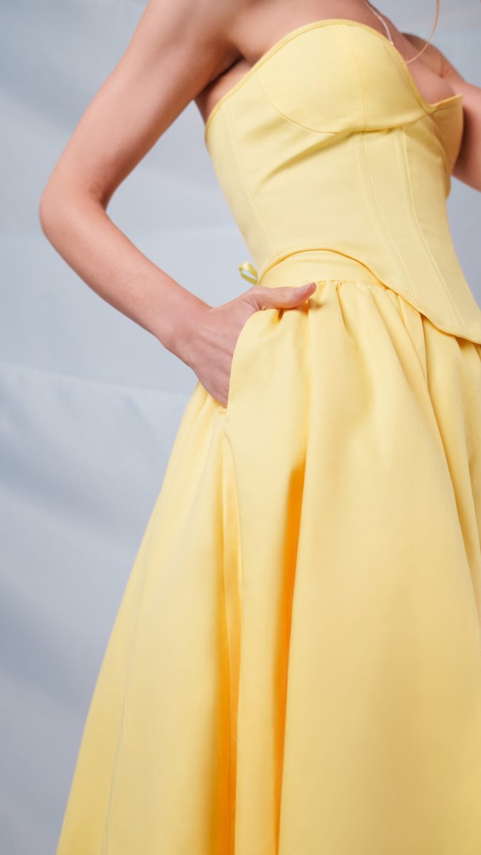 Madison Tea Length Dress Model Photo - Organic Cotton Twill Fashion Fabric - Mood Fabrics