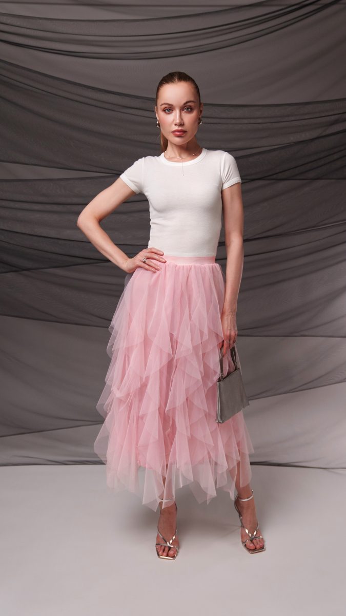 Rosyln Ruffled Midi Skirt - Pink Nylon Leonardo Tulle - Fashion Fabric - Model Photo