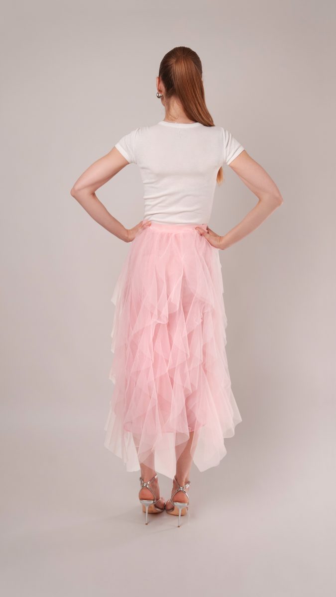 Rosyln Ruffled Midi Skirt - Pink Nylon Leonardo Tulle - Fashion Fabric - Model Photo