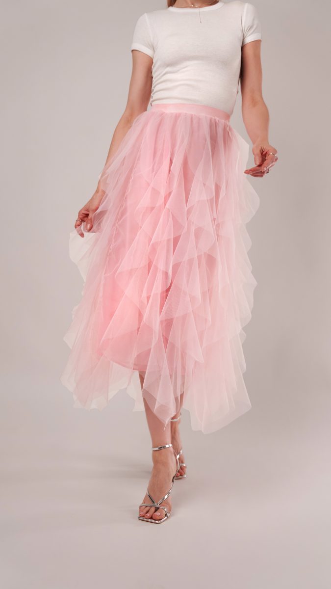 Rosyln Ruffled Midi Skirt - Pink Nylon Leonardo Tulle - Fashion Fabric - Model Photo