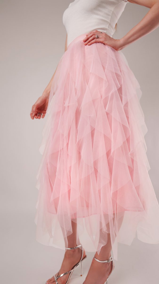 Rosyln Ruffled Midi Skirt - Pink Nylon Leonardo Tulle - Fashion Fabric - Model Photo