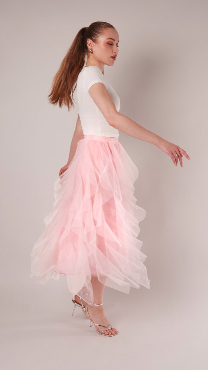 Rosyln Ruffled Midi Skirt - Pink Nylon Leonardo Tulle - Fashion Fabric - Model Photo