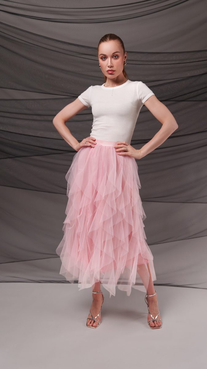 Rosyln Ruffled Midi Skirt - Pink Nylon Leonardo Tulle - Fashion Fabric - Model Photo