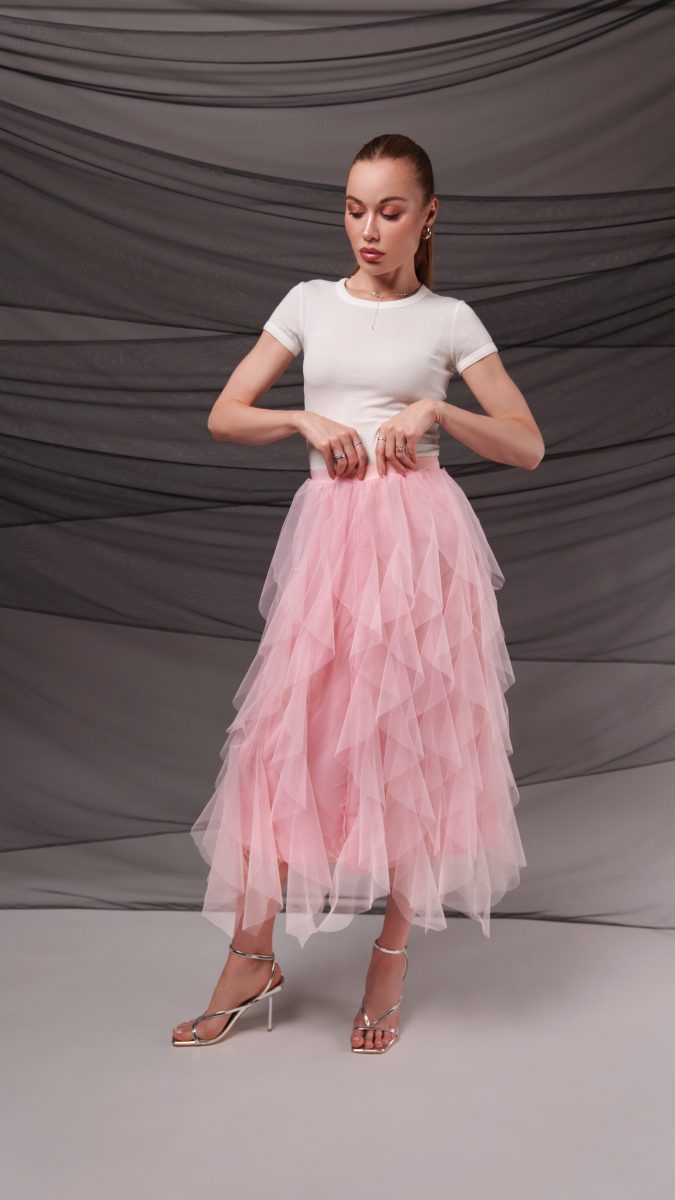 Rosyln Ruffled Midi Skirt - Pink Nylon Leonardo Tulle - Fashion Fabric - Model Photo