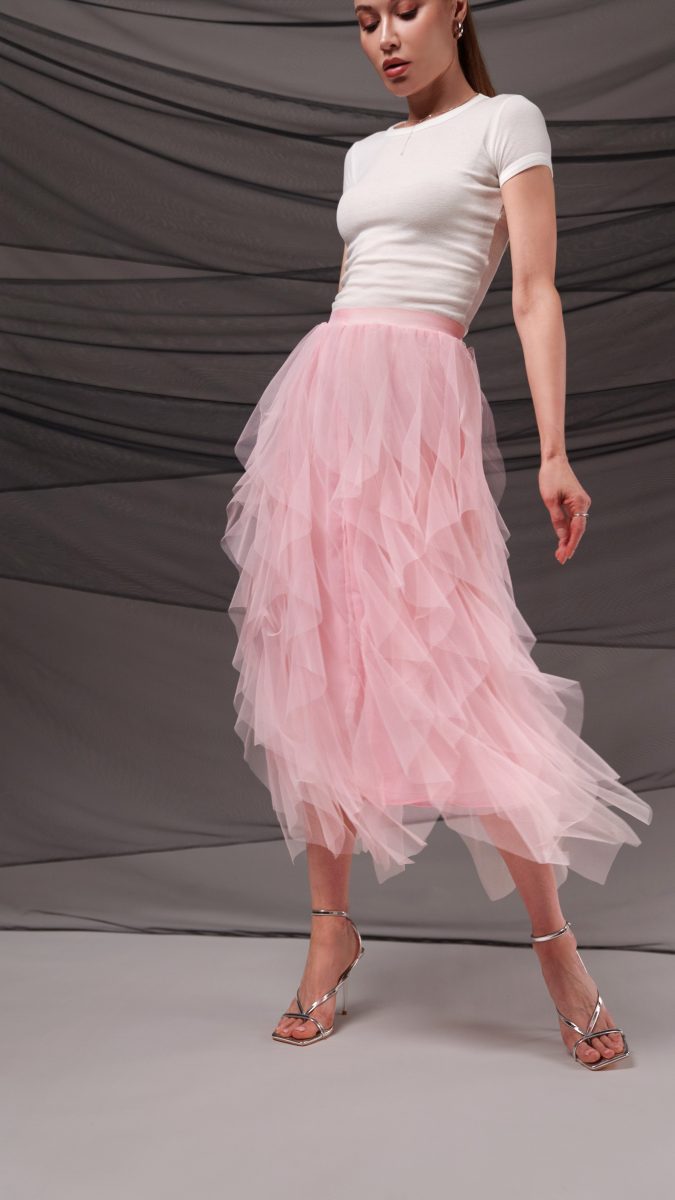 Rosyln Ruffled Midi Skirt - Pink Nylon Leonardo Tulle - Fashion Fabric - Model Photo
