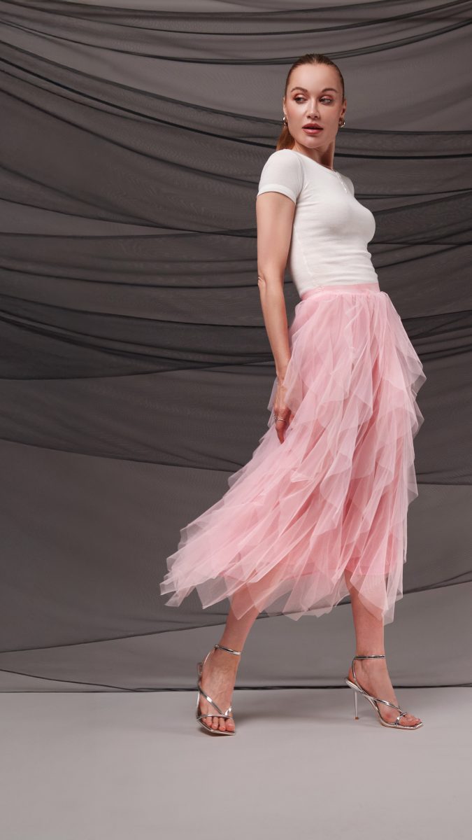 Rosyln Ruffled Midi Skirt - Pink Nylon Leonardo Tulle - Fashion Fabric - Model Photo