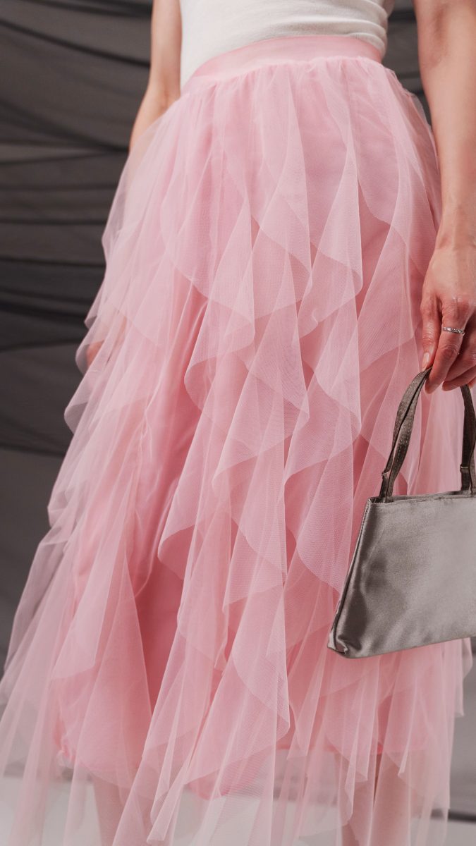 Rosyln Ruffled Midi Skirt - Pink Nylon Leonardo Tulle - Fashion Fabric - Model Photo