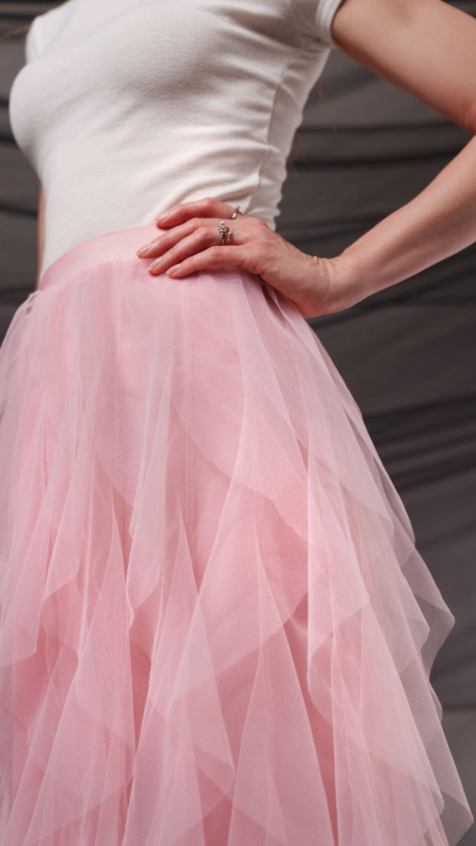 Rosyln Ruffled Midi Skirt - Pink Nylon Leonardo Tulle - Fashion Fabric - Model Photo