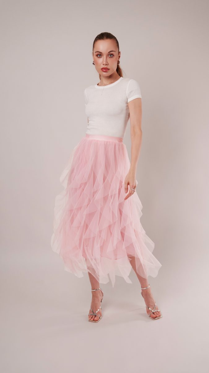 Rosyln Ruffled Midi Skirt - Pink Nylon Leonardo Tulle - Fashion Fabric - Model Photo