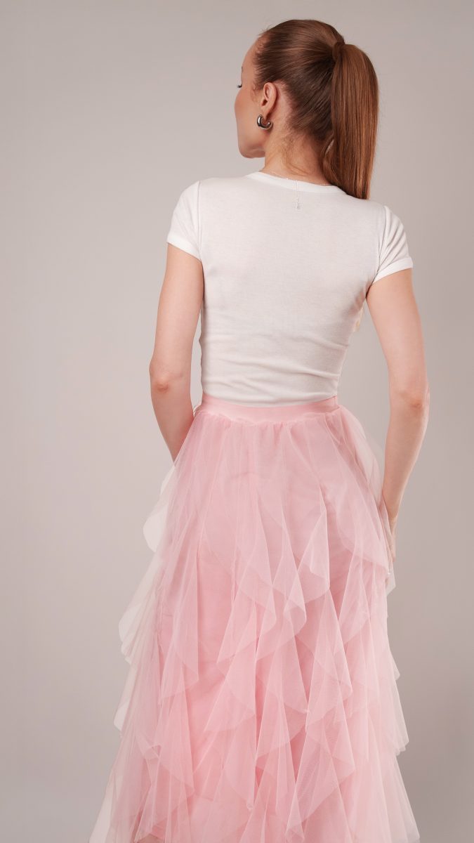Rosyln Ruffled Midi Skirt - Pink Nylon Leonardo Tulle - Fashion Fabric - Model Photo
