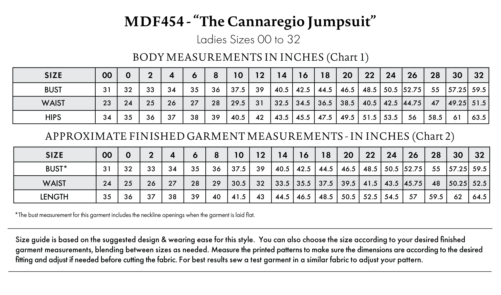 The Cannaregio Jumpsuit Sizing Guide is based on the suggested design & wearing ease for this style. You can also choose the size according to your desired finished garment measurements, blending between sizes as needed. Measure the printed patterns to make sure the dimensions are according to the desired fitting and adjust if needed before cutting the fabric. For best results, sew a test garment in a similar fabric to adjust your pattern. Note: Measurements may vary after adjustments. If using non-stretch or non-pleated fabrics, reference the approximate finished garment measurements chart to choose your size. *The bust measurement for this garment includes the neckline openings when the garment if laid flat.