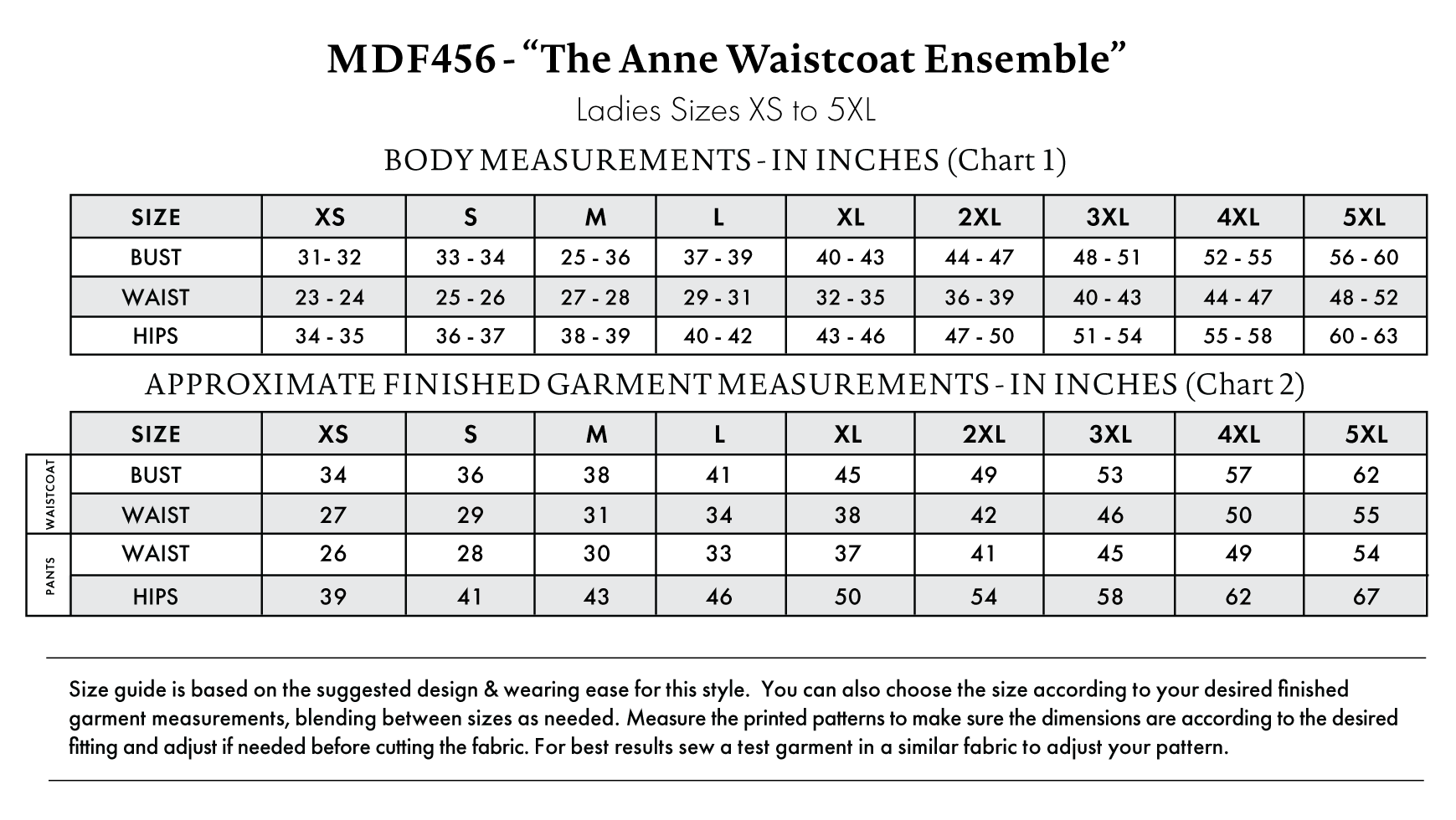 Anne Waistcoat Ensemble Free Sewing Pattern - MDF456 - Size Charts - Mood Fabrics Sewciety Blog