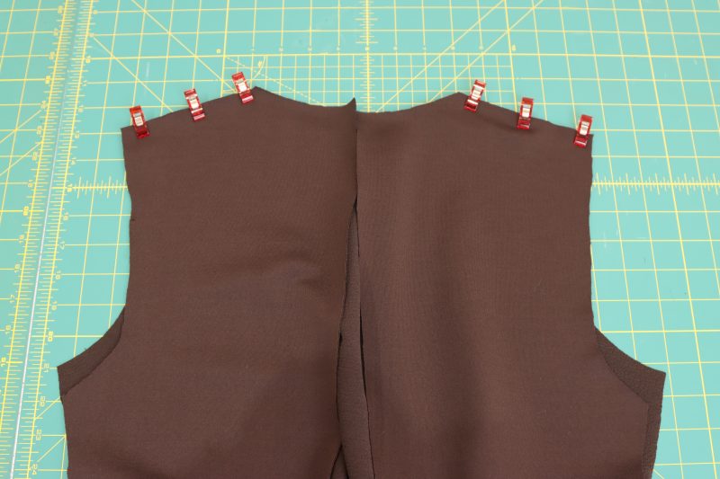 How-To-Pin-Sew-Shoulder-Seams-Dark Chocolate Stretch Polyester Crepe Knit--Mood-Fabrics Pin and sew shoulder seams.