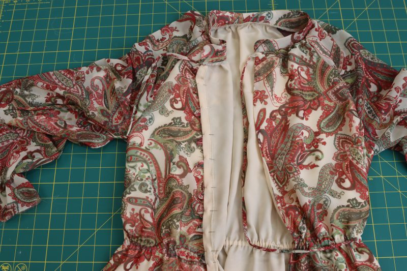 How To Pin-Sew Loop Placket To Front Opening - Polyester-Double-Georgette-Mimosa-Collection - Baratti Blouson Dress - MDF457 - Mood Fabrics Sewciety Blog Pin and sew loop placket to the front right opening of the dress.