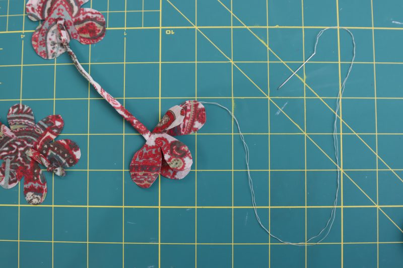 How To Insert Cords Through Flower Centers - Double-Fusible-Interfacing - Baratti Blouson Dress - MDF457 - Mood Fabrics Sewciety Blog Insert the cords through the centers of the flowers and hand tack them in place.