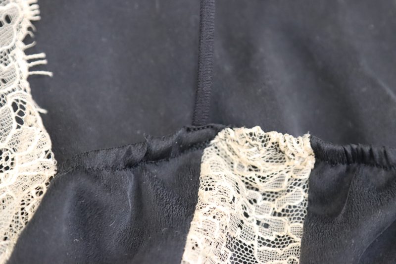 How To Pin Sew Straps To Top Back Edge - Italian Tap Shoe Tubular Elastic Cord - Mood Fabrics - Odette Nightgown Free Sewing Pattern Tutorial - MDF462 - Mood Fabrics Sewciety Blog - Pin and sew the strap in place.