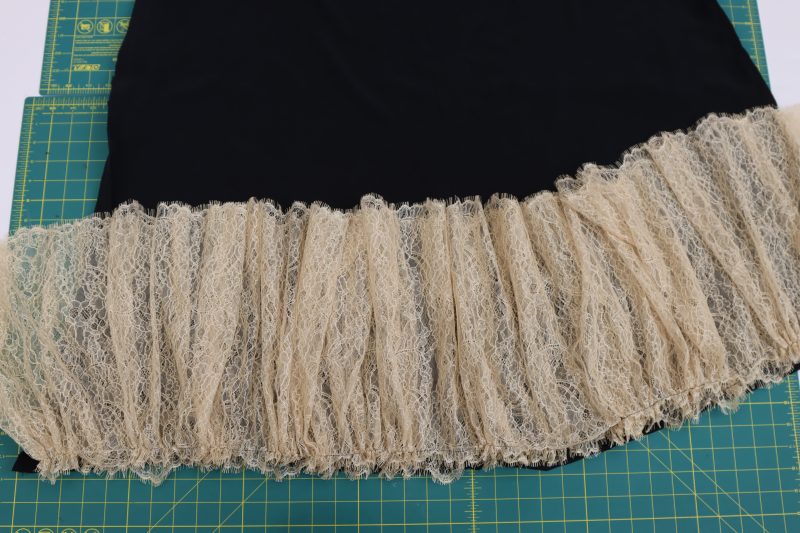 How To Pin Ruffle To Underskirt - Peach Floral Scalloped Re Embroidered Lace with Eyelash Fringe - Mood Fabrics - Odette Nightgown Free Sewing Pattern Tutorial - MDF462 - Mood Fabrics Sewciety Blog - Pin the ruffle to the bottom edge of the underskirt.