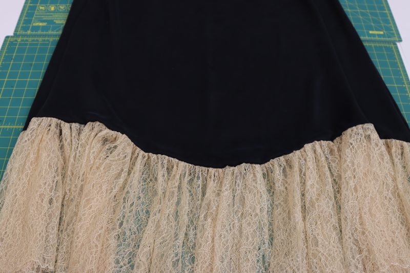 How To Sew Ruffle To Underskirt - Peach Floral Scalloped Re Embroidered Lace with Eyelash Fringe - Mood Fabrics - Odette Nightgown Free Sewing Pattern Tutorial - MDF462 - Mood Fabrics Sewciety Blog - Sew the ruffle to the bottom edge of the underskirt.