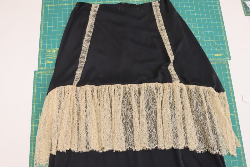 How To Sew Ruffle To Overskirt - Peach Floral Scalloped Re Embroidered Lace with Eyelash Fringe - Mood Fabrics - Odette Nightgown Free Sewing Pattern Tutorial - MDF462 - Mood Fabrics Sewciety Blog - Pin and sew the two waist openings of the under and overskirt together.