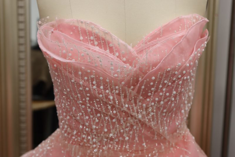How To Pin Overlay Panels In Alternating Pattern - Glitter Tulle - Mood Fabrics - Glinda Gown Free Sewing Pattern Tutorial - MDF463 - Mood Fabrics Sewciety Blog - Pin the overlay panels by alternating the organza and the tulle.