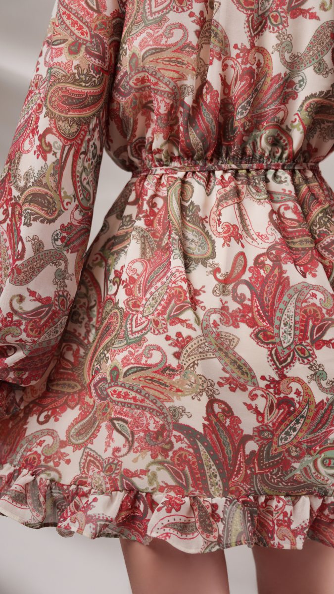 Italian Paisley Polyester Georgette Fashion Fabric Baratti Blouson Dress Free Sewing Pattern Model Photo MF457 Mood Sewciety Blog