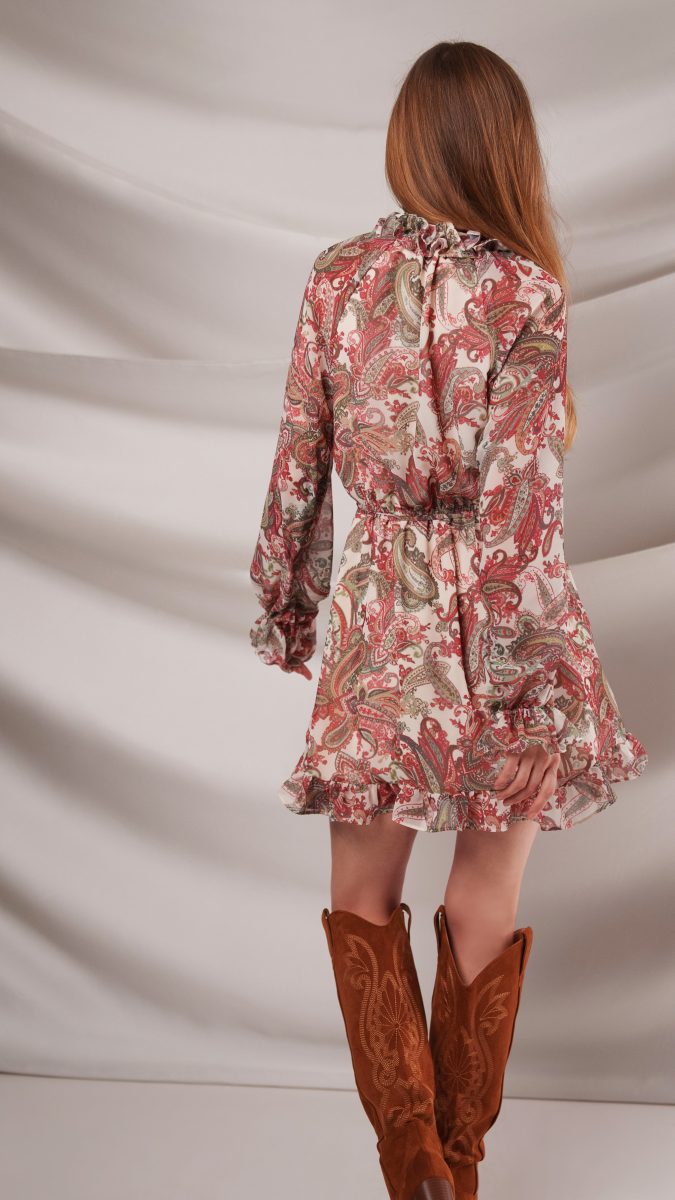 Italian Paisley Polyester Georgette Fashion Fabric Baratti Blouson Dress Free Sewing Pattern Model Photo MF457 Mood Sewciety Blog